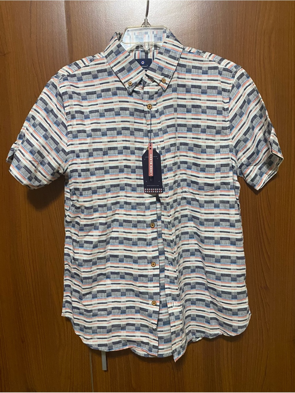 Ben Sherman Navy White Coral Striped Short-Sleeve Button-Down Linen blend shirt